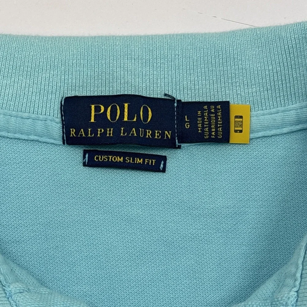 Ralph Lauren Polo Shirt Mens Large Blue Slim Fit Pink Pony Short Sleeve‎